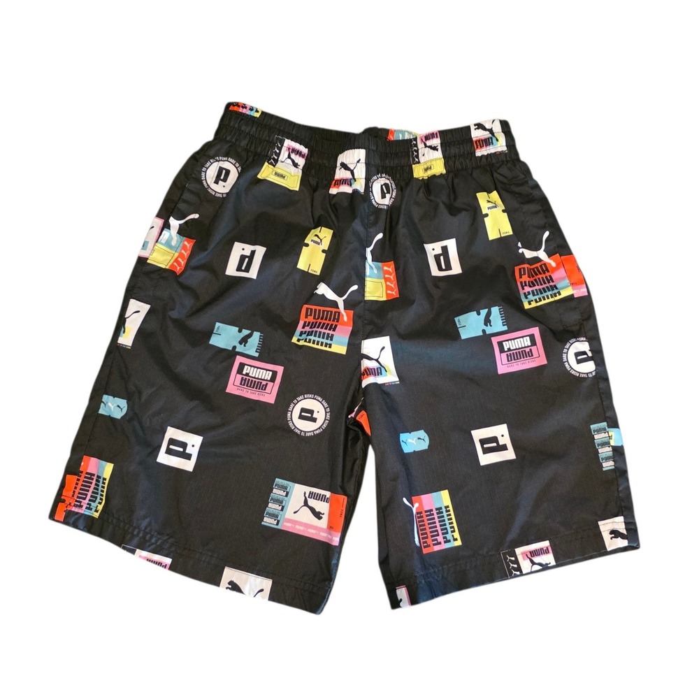 Puma Mens Black All Over Logo Graphic Print Athletic Shorts Gym Size Small